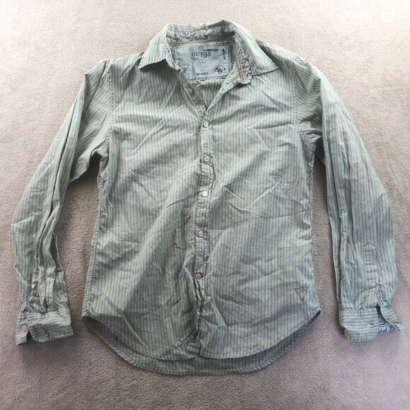 Guess Vintage Mens Shirt Medium Green Pinstriped Long Sleeve Button-Up Casual - Picture 10 of 11